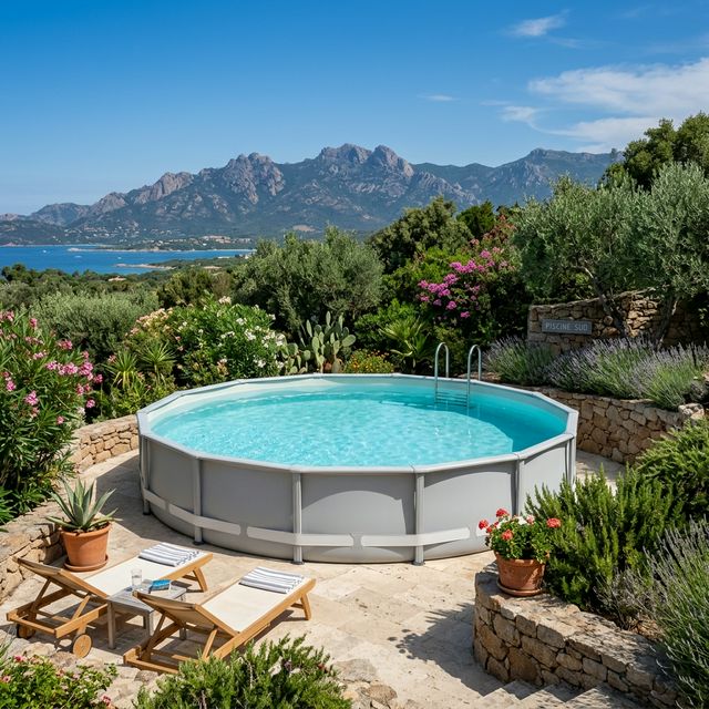Piscine tubulaire installée dans un jardin familial